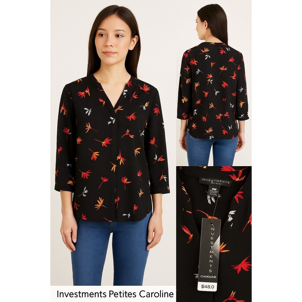 Investments Petites “Caroline” Floral Blouse – Black Multicolor – Size PM – NWT